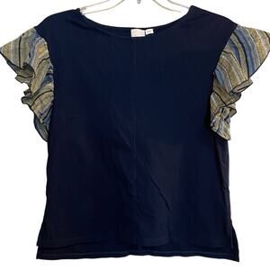 Anthropologie Postmark Women's Size Small Navy Blue Seafarer Ruffled Sleeve Top